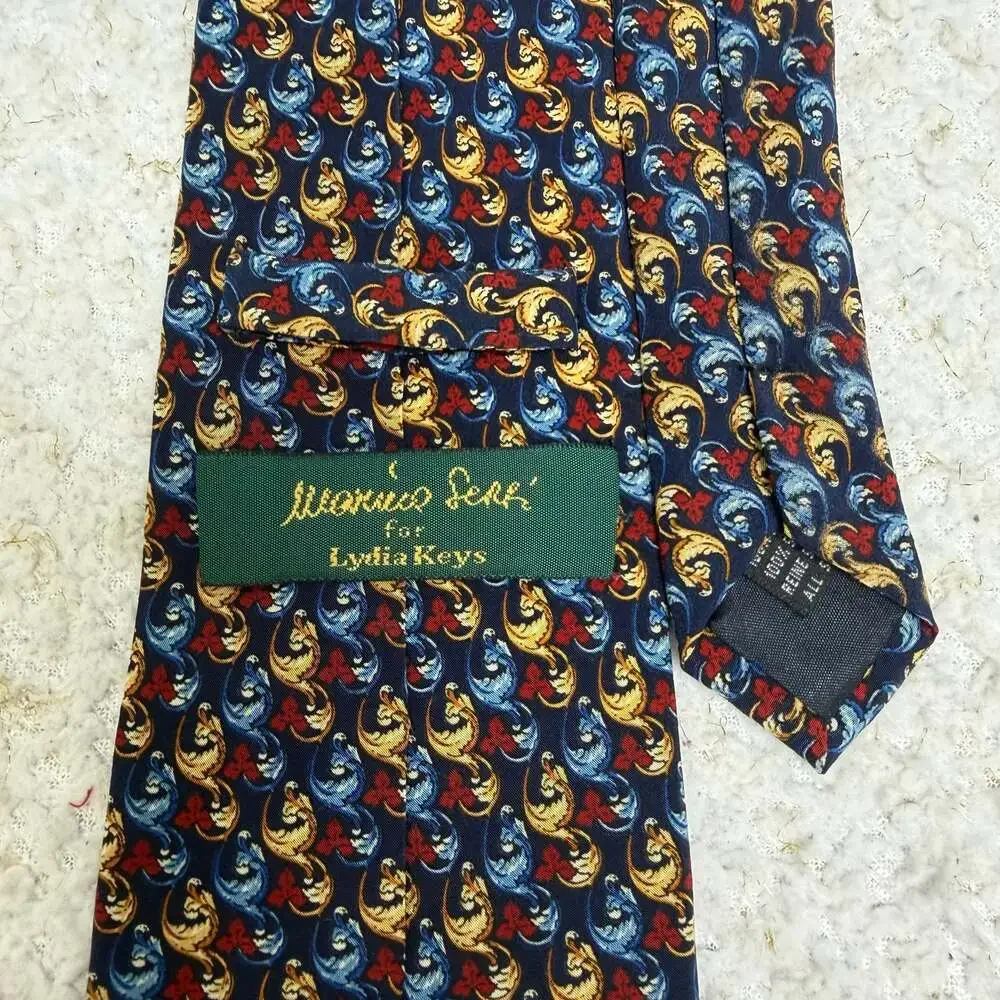 Maurizio Serri for Lydia Keys 100  Silk Tie Blue Red Gold Scroll Pattern Italy